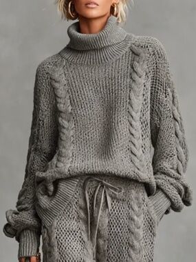 MODESEES Women's Gray Casual Cable Knit Turtleneck Sweater, Size L